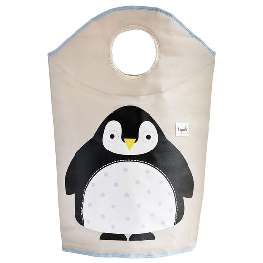 Penguin laundry hamper with circular handle opening, front-facing view showing full design and light blue edging.
