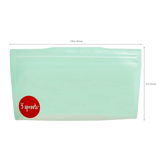Mint coloured back of the 3 Sprouts owl Snack Bag with size shown—18.4 cm wide by 10.2 cm tall, with locking press-seal top.
