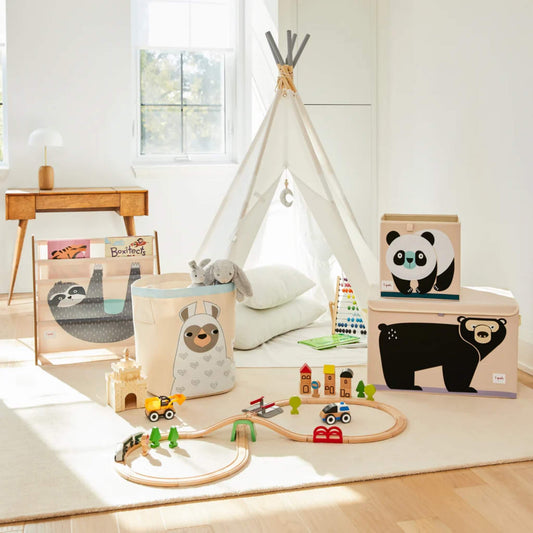 3 Sprouts Panda Storage Box stacked on top of a Bear toy chest in a bright playroom, styled with a tent, toys, and matching storage.