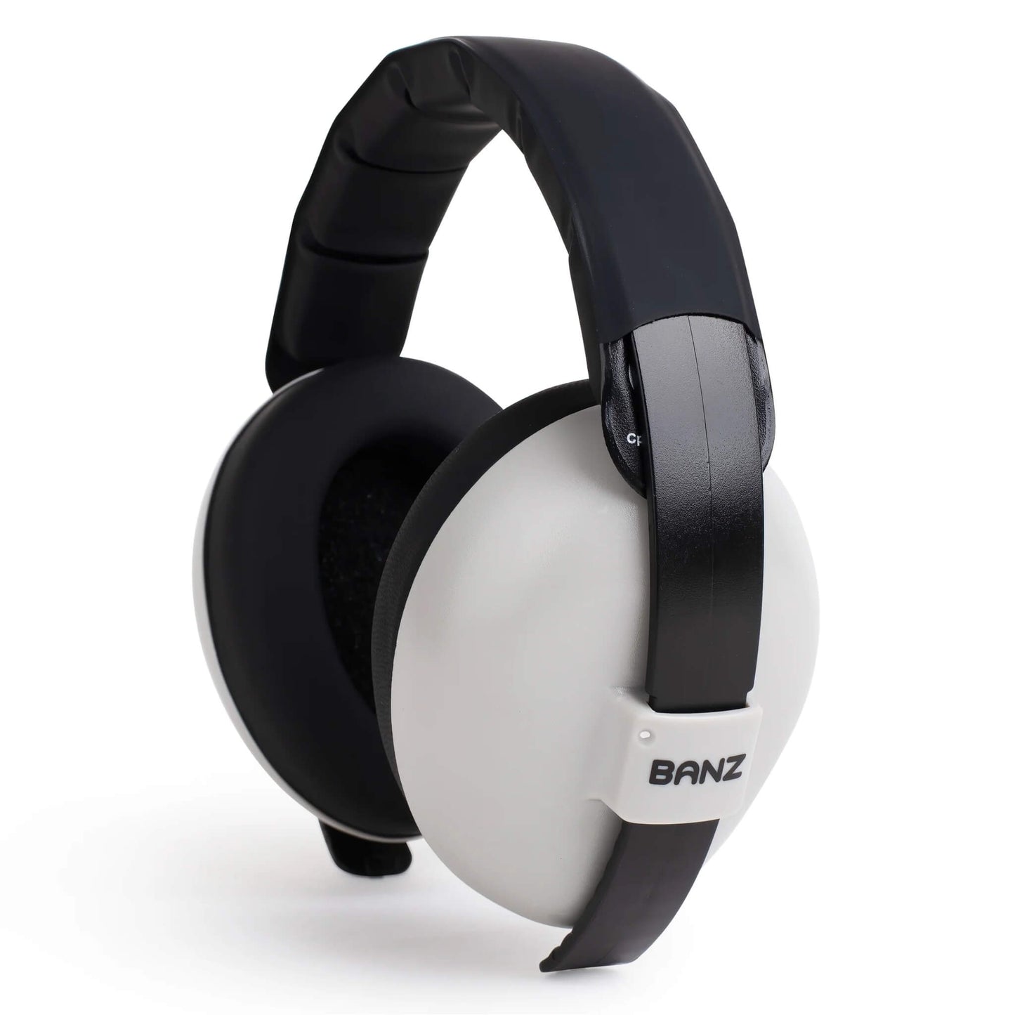 A three-quarter view of grey baby earmuffs with black over-ear cushions and a padded headband.