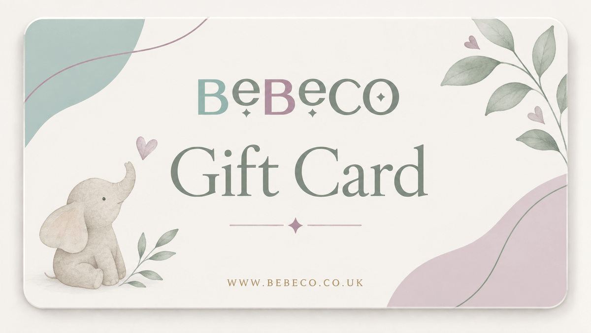 A square Bebeco gift card with rounded corners, featuring a soft pastel design with a small elephant illustration, leafy branches, abstract curved shapes, and the text 'BeBeco Gift Card' and 'www.bebeco.co.uk