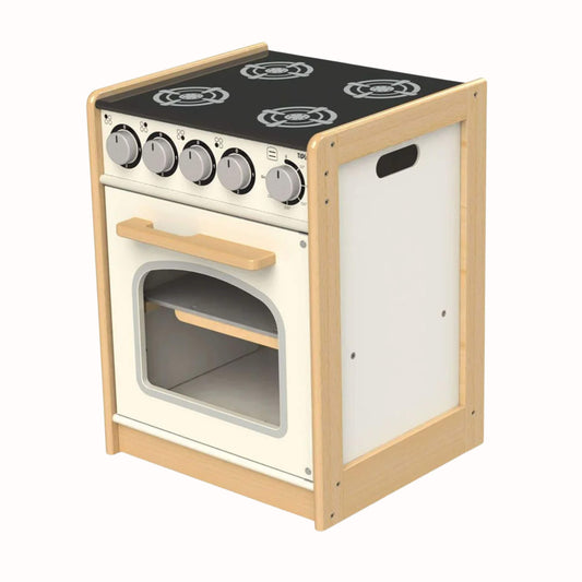 Wooden toy oven with black hob surface, four printed burners, turning control knobs, and a front-opening door with a clear window.