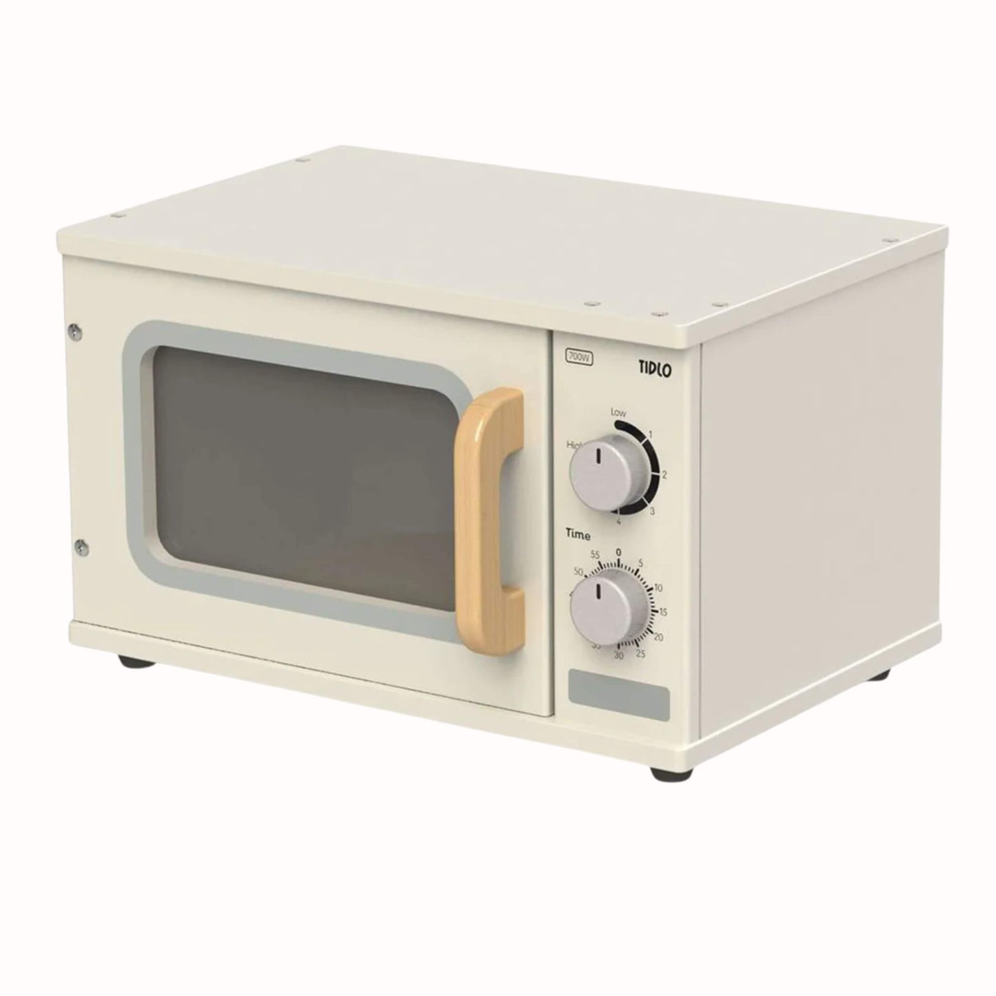 Wooden toy microwave in a compact rectangular shape with a front window, handle, and two turning control dials on the side.