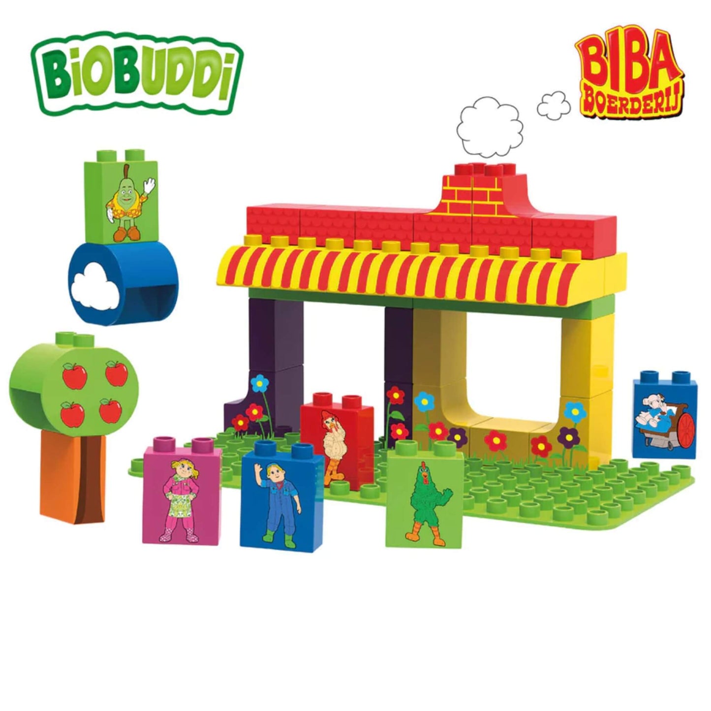 A layout of bright building blocks arranged into a simple farm structure, with character tiles, a tree piece and illustrated background elements.