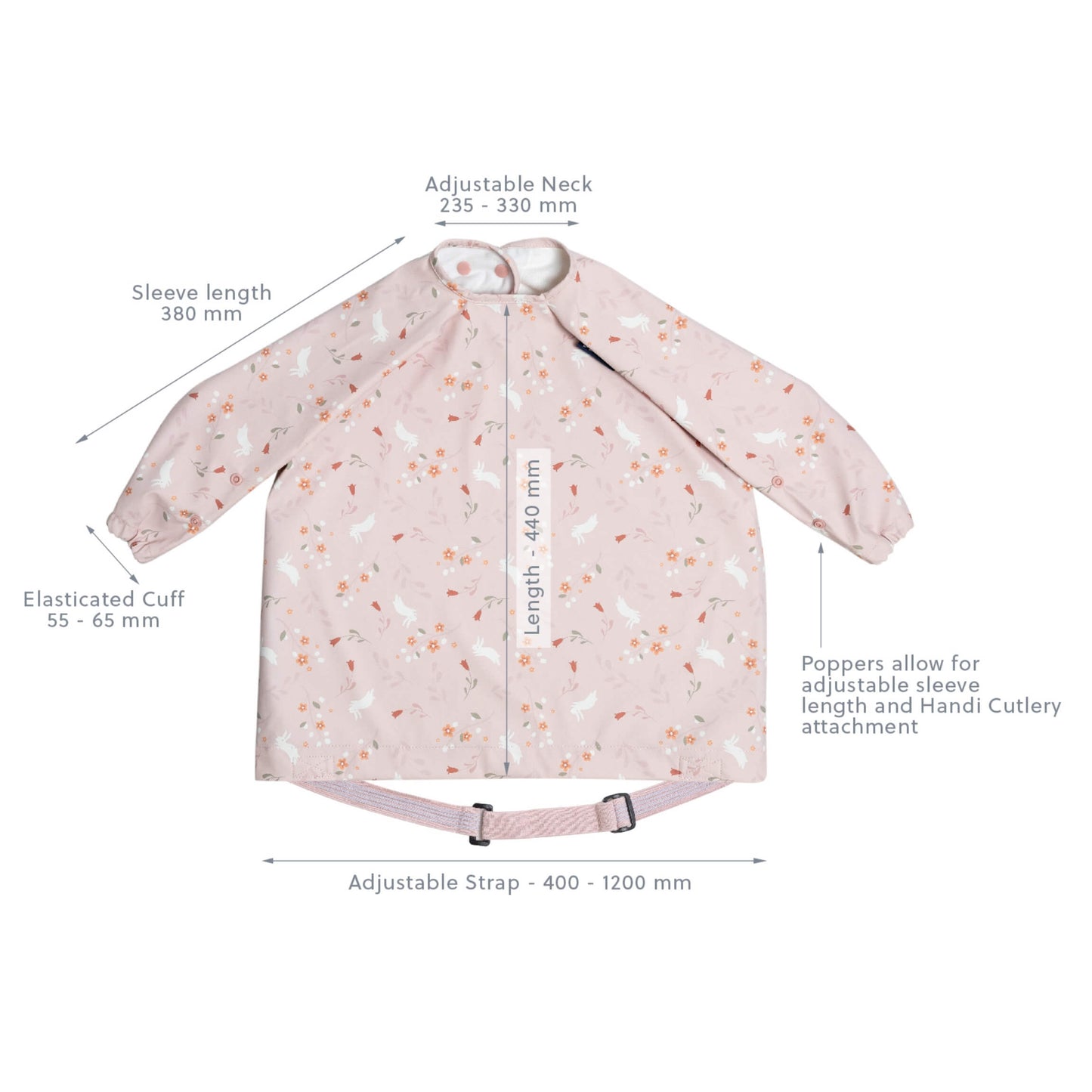 Flat-lay of the Bibado bib with labelled dimensions including sleeve length, adjustable strap, and popper positions.