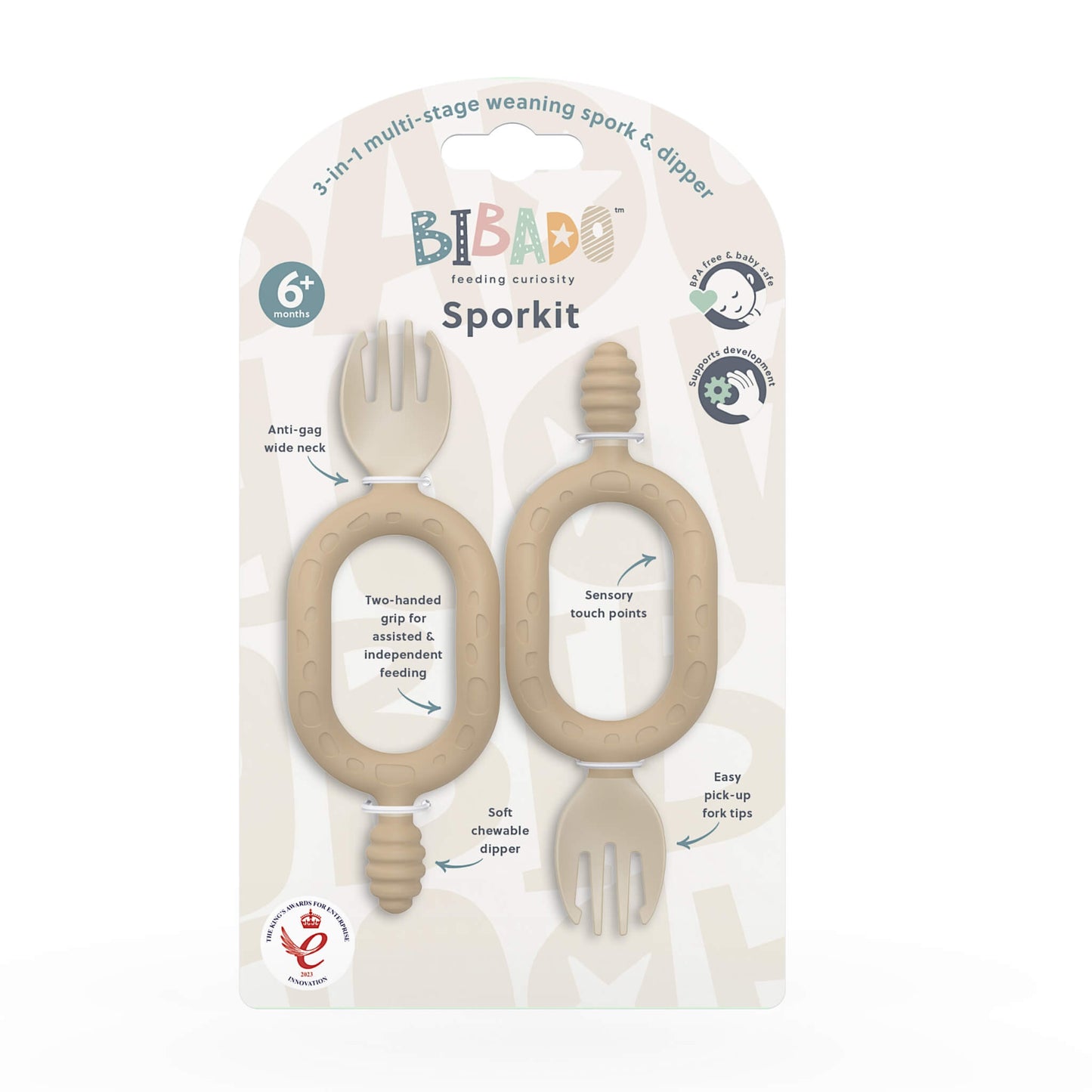 A twin pack of self-feeding utensils in retail packaging with dual handles, textured dippers and baby sporks.