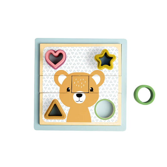 Wooden activity puzzle with animal picture and colourful shape blocks – ideal for early problem-solving and fine motor skills.