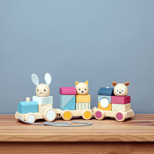 Wooden pull-along train with three animal passengers and stacking blocks, perfect for early learning and imaginative play.