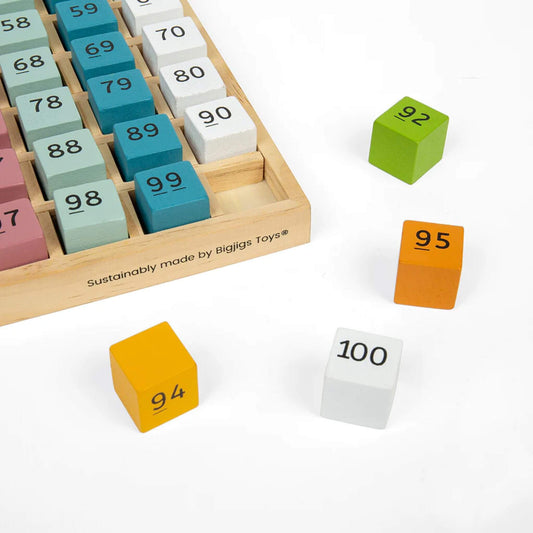 Close-up of wooden number blocks removed from the Bigjigs Number Tray, showing bold printed digits and smooth, colourful cube design.