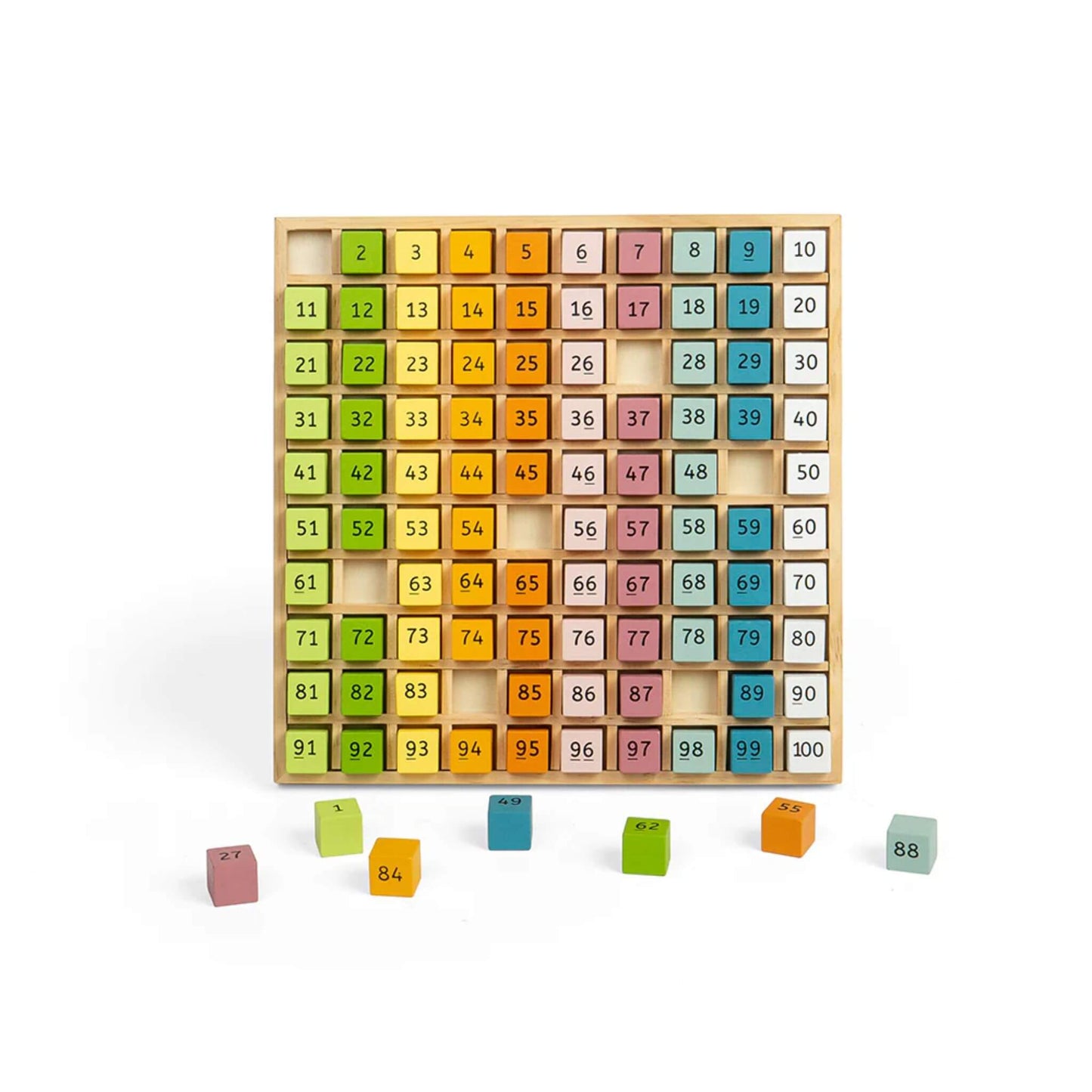 Top-down view of the Bigjigs Toys FSC® Certified Number Tray with blocks arranged in a 10x10 grid, some cubes placed outside the tray.
