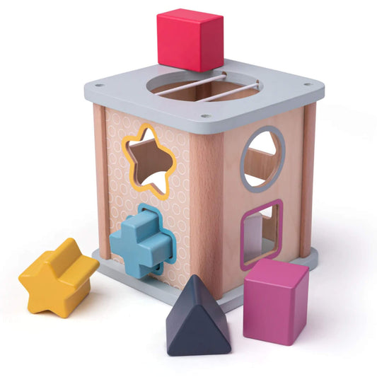 Wooden Bigjigs shape sorter toy with all five shapes arranged around and one shape resting on top.