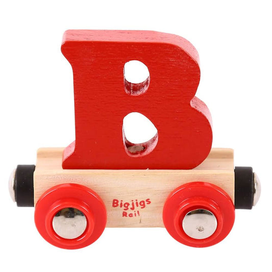 Red wooden rail name letter B, set upon a wooden carriage.
