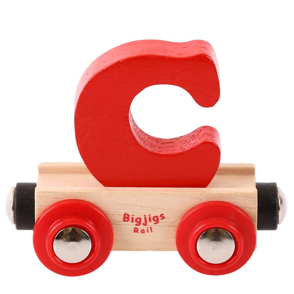 Red wooden rail name letter C, set upon a wooden carriage.