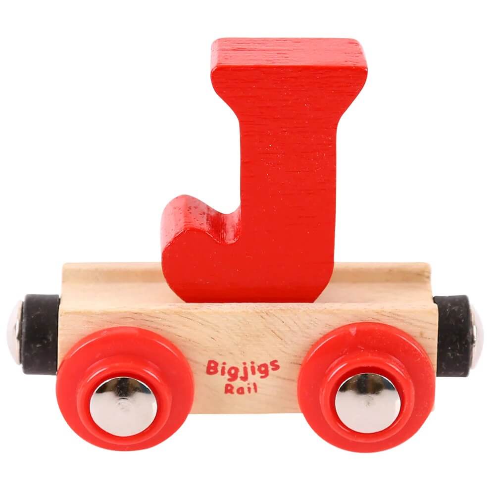 Red wooden rail name letter J, set upon a wooden carriage.