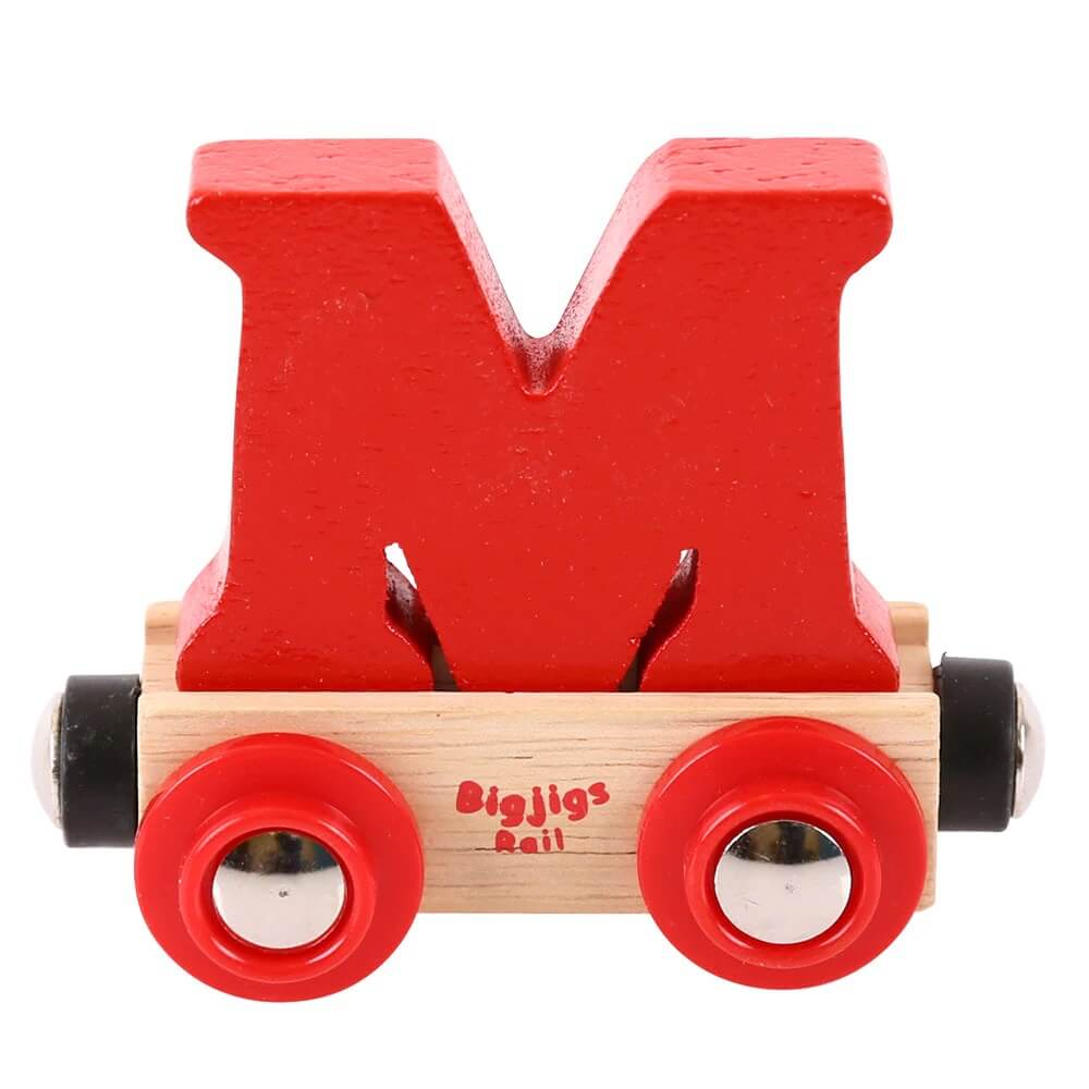Red wooden rail name letter M, set upon a wooden carriage.