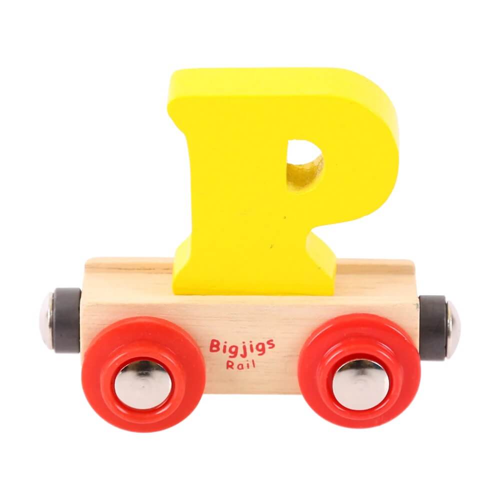 Yellow wooden rail name letter P, set upon a wooden carriage.