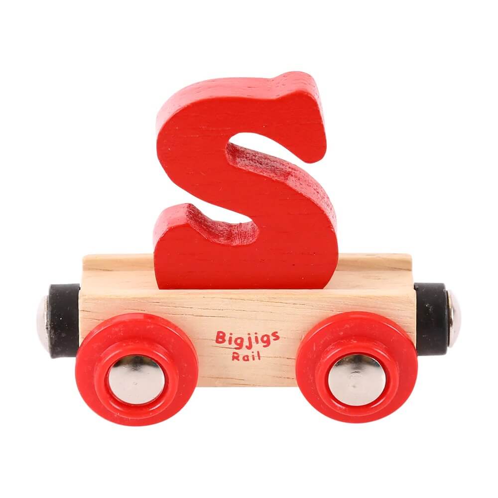 Red wooden rail name letter S, set upon a wooden carriage.