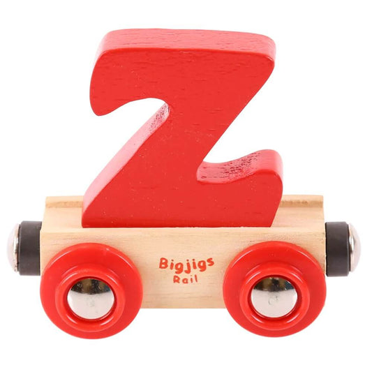 Red wooden rail name letter Z, set upon a wooden carriage.