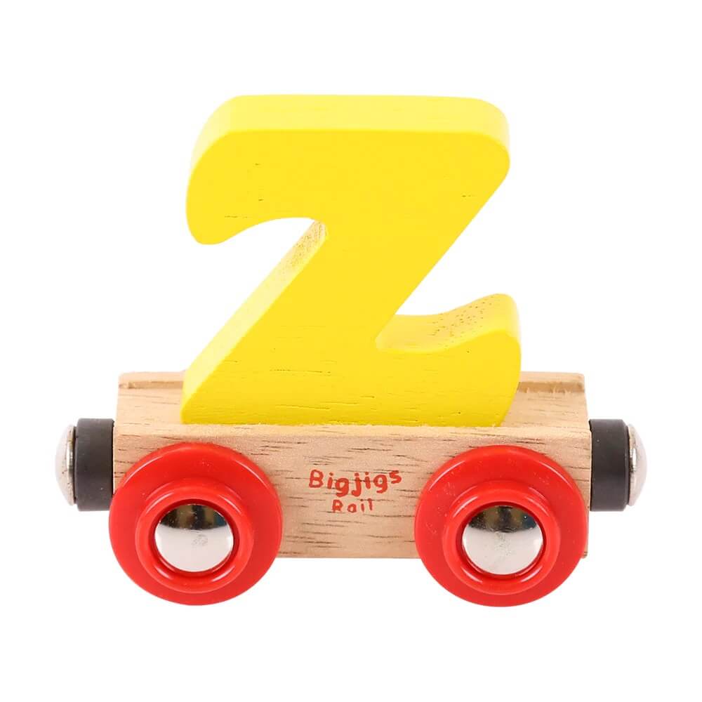 Yellow wooden rail name letter Z, set upon a wooden carriage.