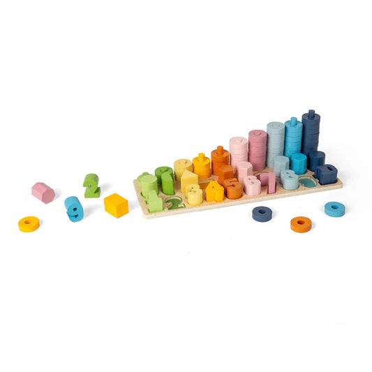 Bigjigs Toys 1-10 Counting Board – Colourful wooden stacking pieces and numbers for early learning, fine motor skills, and shape recognition.
