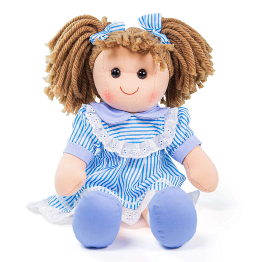 Amelia Doll sitting upright with a friendly smile, showcasing her striped dress and soft limbs.