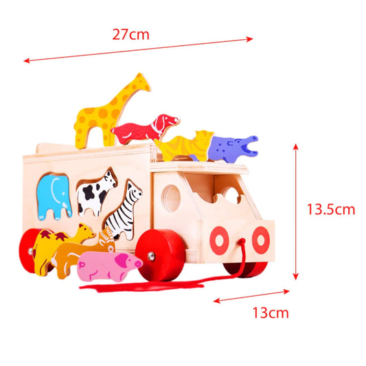 Wooden shape sorter lorry with size dimensions (27cm x 13.5cm x 13cm) and vibrant animal pieces, ideal for early learning.