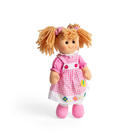 Side angle of Ava Doll showing her gingham dress, puffed pink sleeves, and felt butterfly detail.