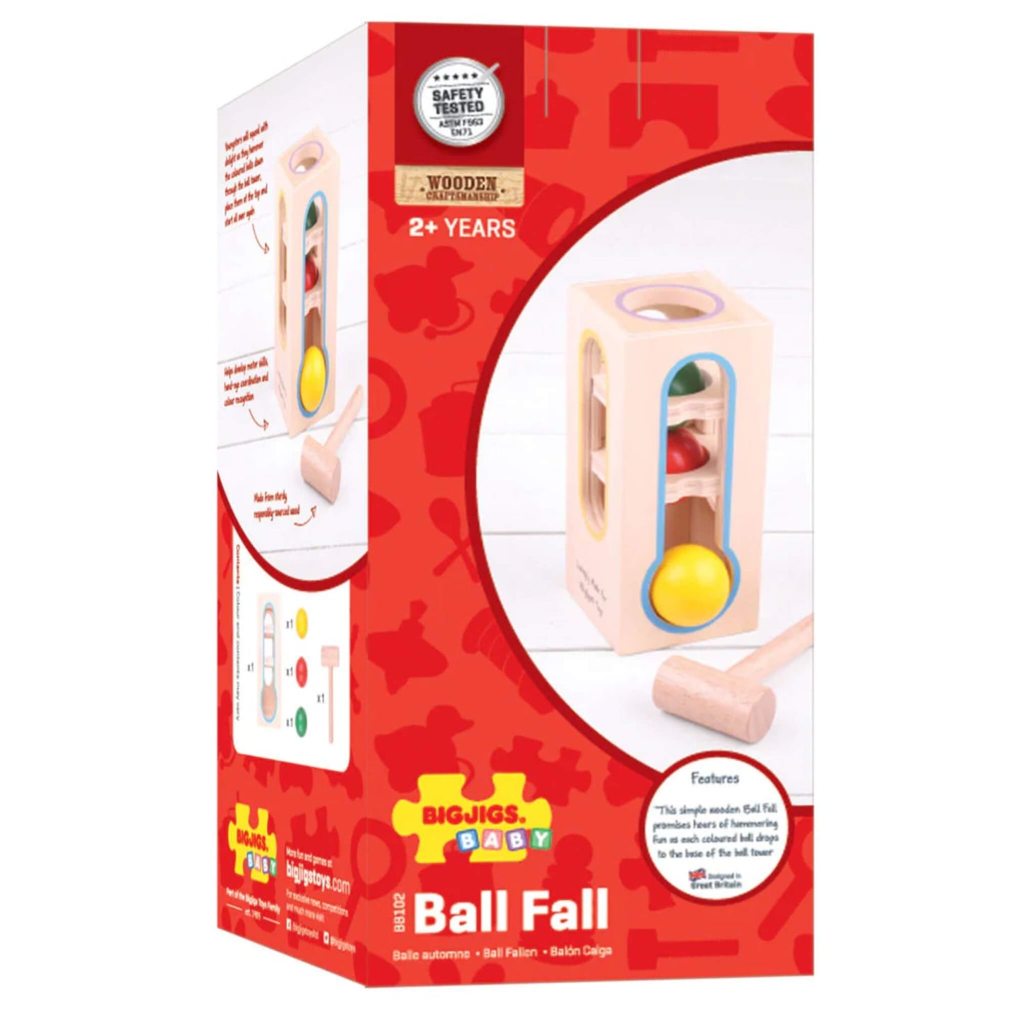 Product packaging for the Bigjigs Toys Ball Fall, featuring bright red branding and clear illustrations.