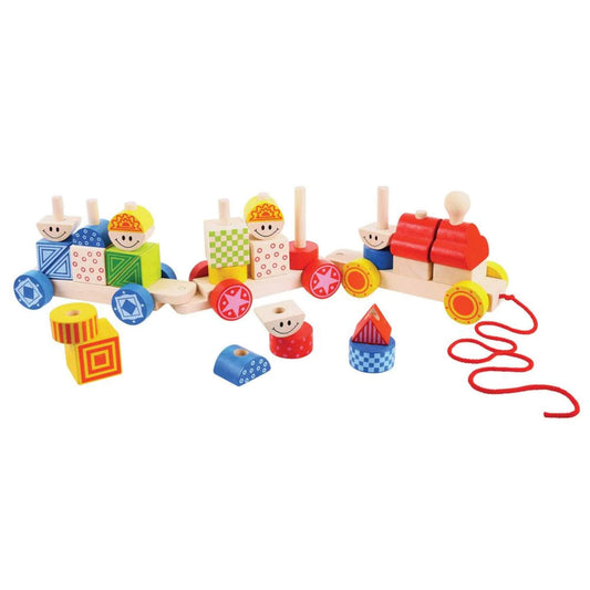 Colourful wooden train pieces, including bright geometric blocks and friendly faces, arranged for creative stacking.
