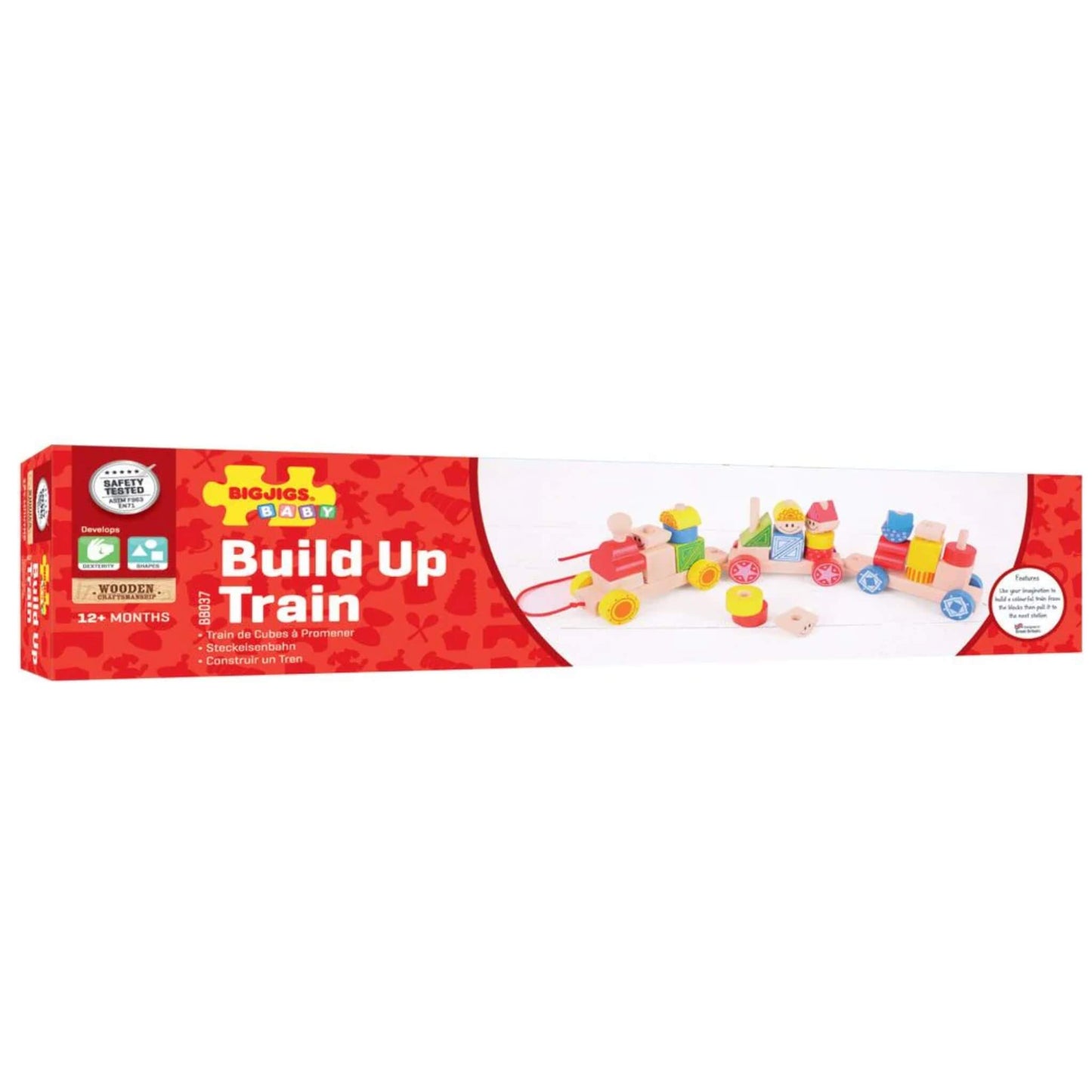 Retail packaging for the Bigjigs Build Up Train, highlighting its educational benefits and recommended age range.