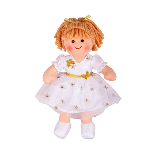 Front-facing view of the Bigjigs Toys Charlotte ragdoll in a sparkly white and gold star dress with gold bows and soft yarn hair tied with ribbon.