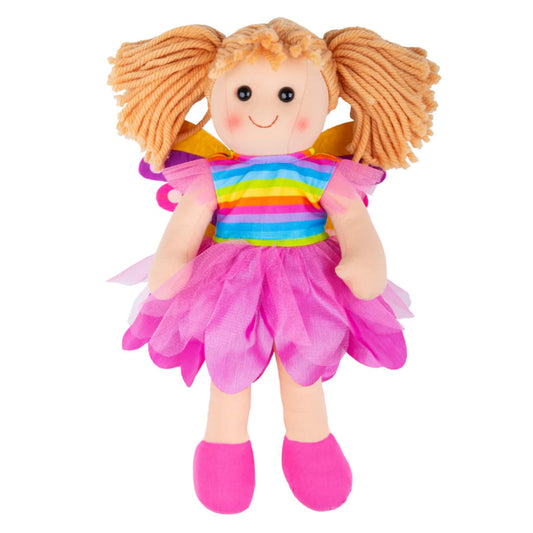 Front view of Chloe Doll showing her soft plush design, layered pink skirt and bright rainbow outfit with fairy-style wings.
