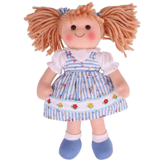 Front view of Christine Doll showing her soft striped dress, puff-sleeved white blouse, and blue shoes with white ankle cuffs.