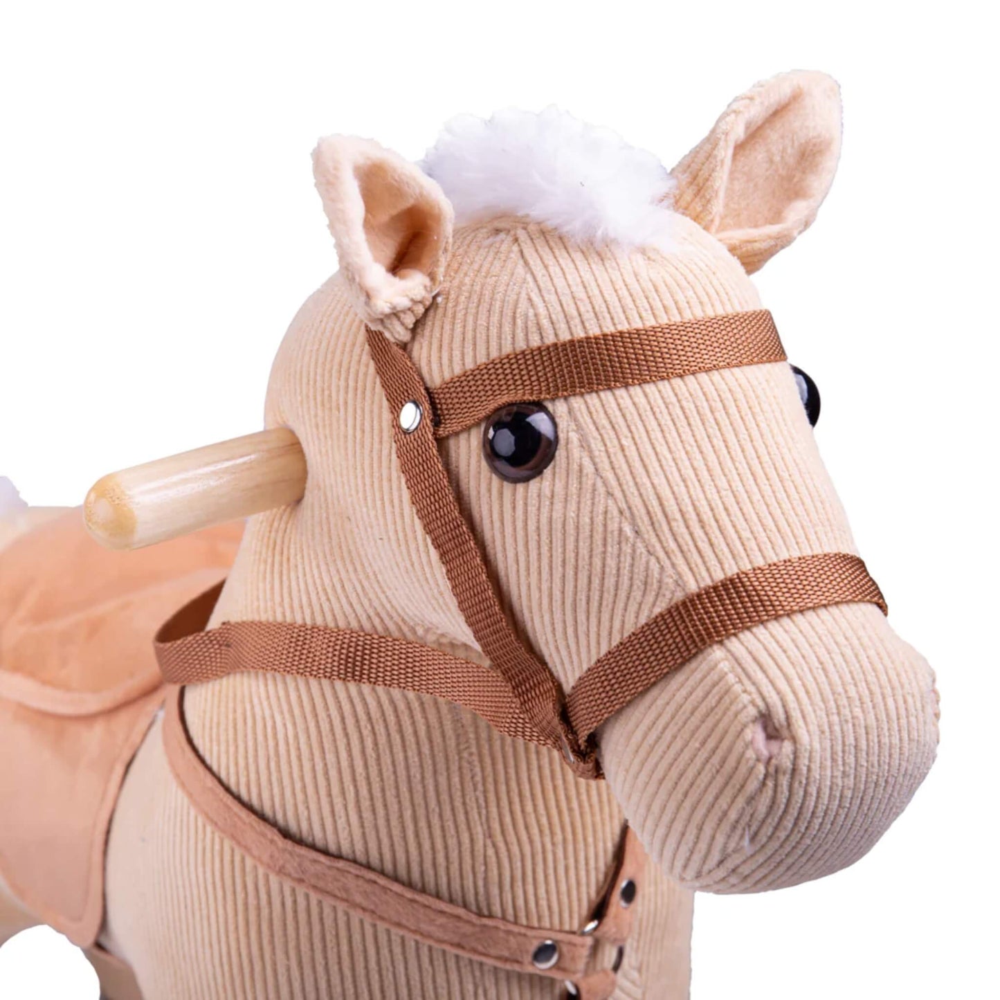 Front view of the Bigjigs Toys Rocking Horse showing large eyes, upright ears, and secure grip handles.