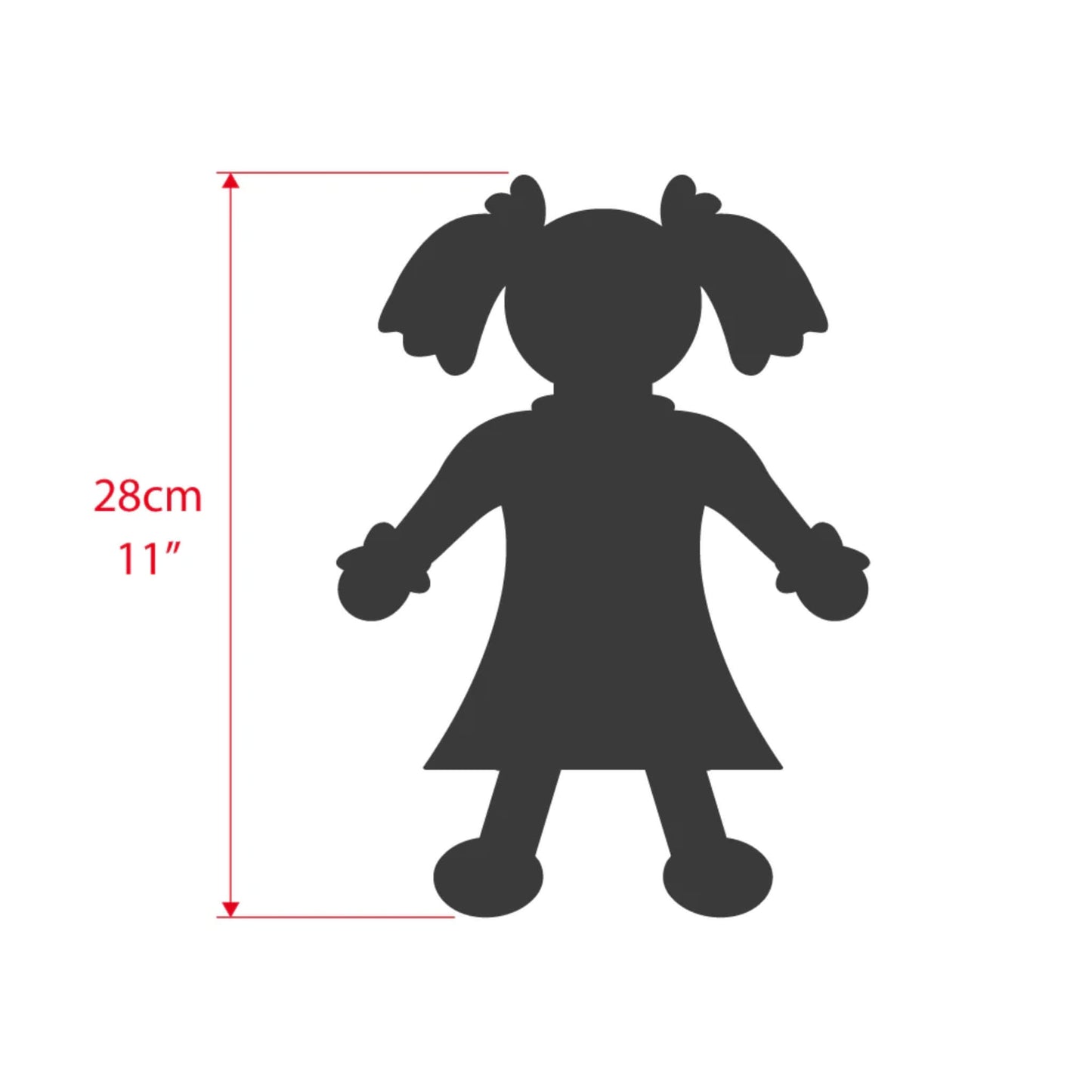 Silhouette of a doll with measurement showing height of 28cm (11 inches).