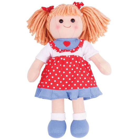 Front-facing view of Emily Doll wearing a red and white polka dot dress with a blue hem and heart motif, paired with soft blue shoes and white socks.