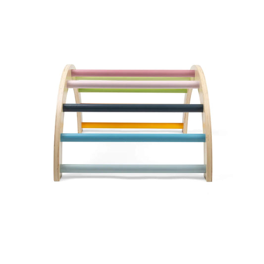 Front view of the arched climbing frame, showing the rainbow-coloured rungs and sturdy wooden construction for active play.