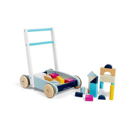 Wooden baby walker with pastel blocks arranged beside it, encouraging creative play and first steps.