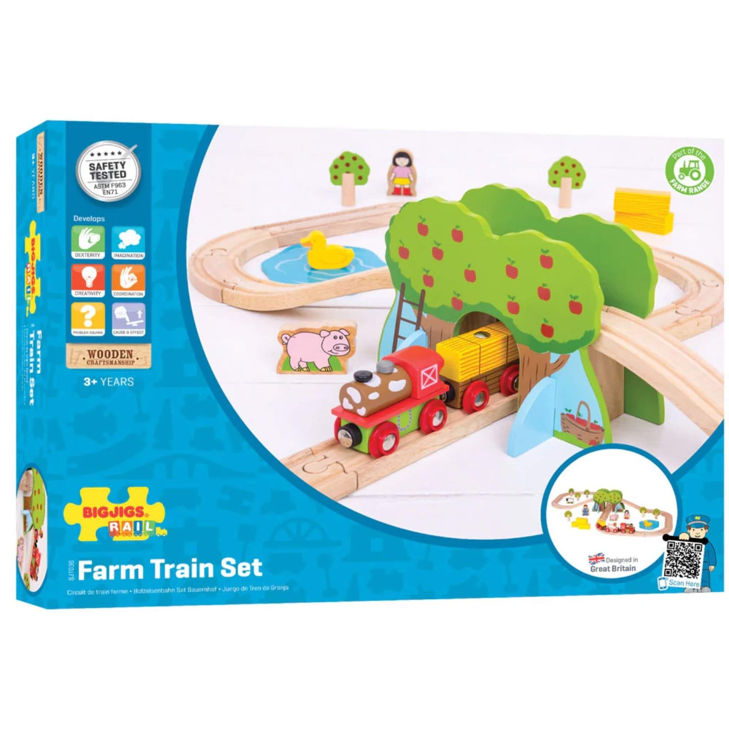 Bigjigs Toys Farm Train Set packaging showing full track layout, train engine, apple tree tunnel, animals, and play figures.