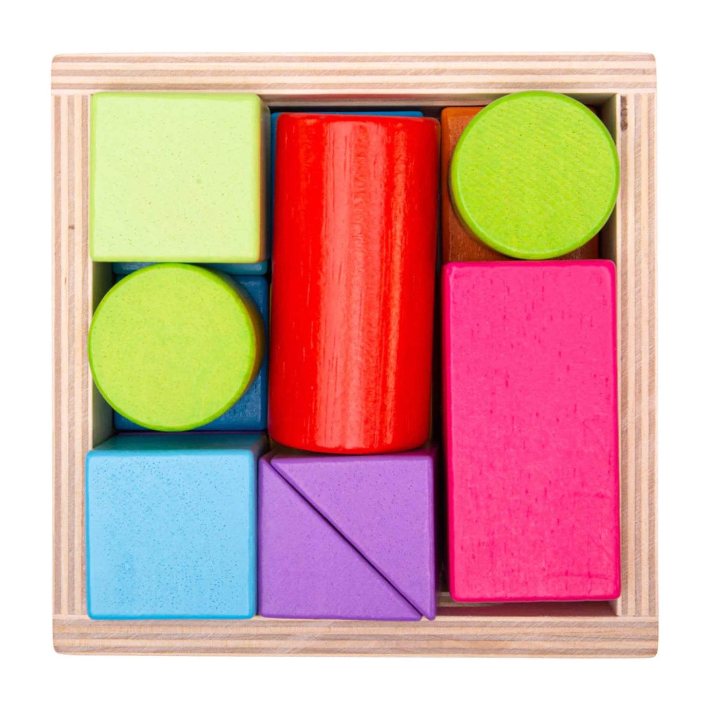 Bright, chunky wooden blocks neatly stacked in their storage box, ready for hands-on fun.