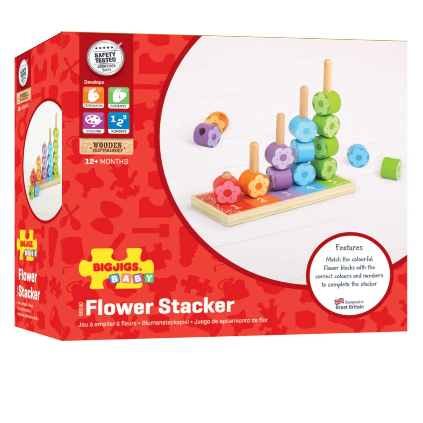 Bigjigs Toys First Flower Stacker in retail packaging, showcasing colourful flower pieces and early learning features.