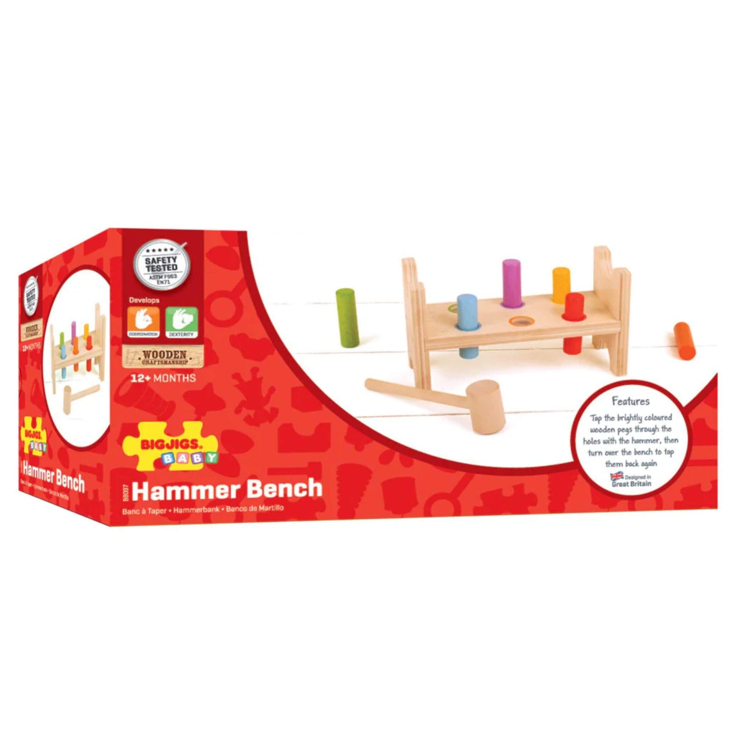 Bigjigs Baby wooden toy hammer bench in retail packaging, showing key features for building grip strength and coordination.