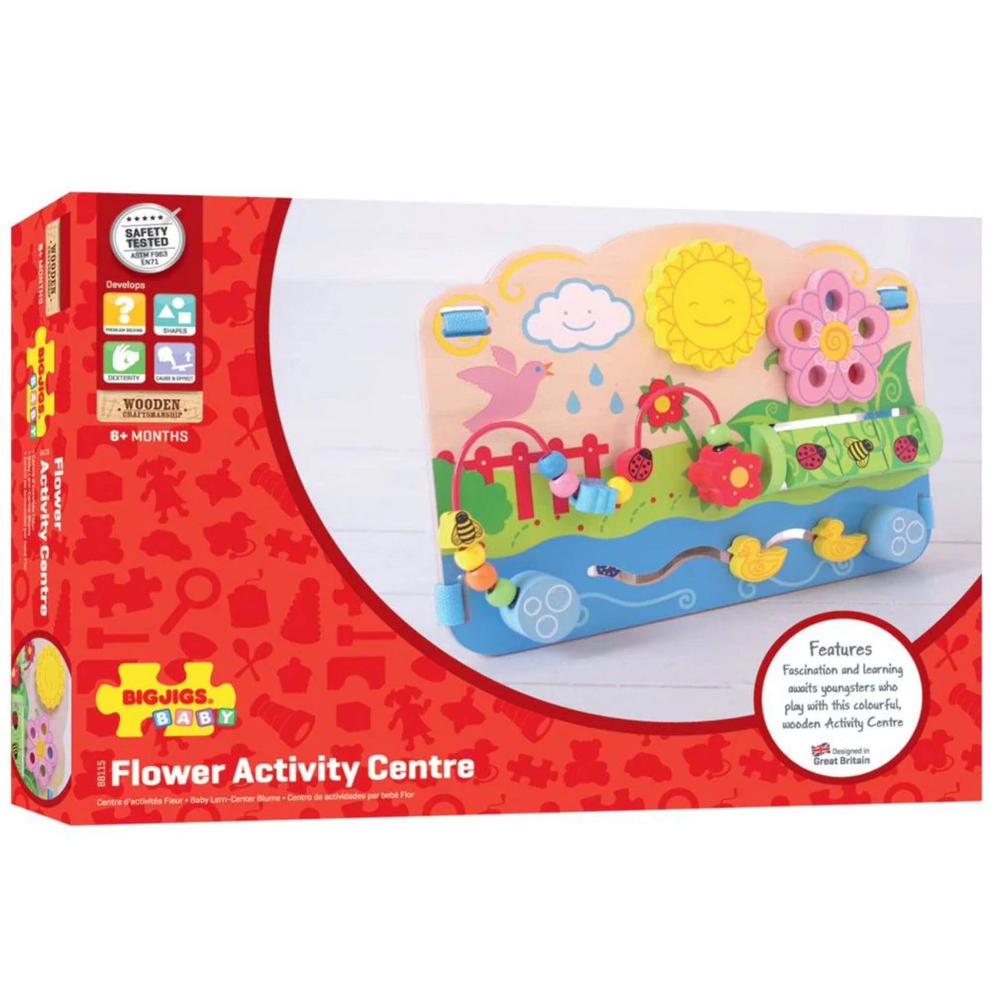 Packaging for the Bigjigs Toys Flower Activity Centre – bright, interactive wooden play board for babies and toddlers.
