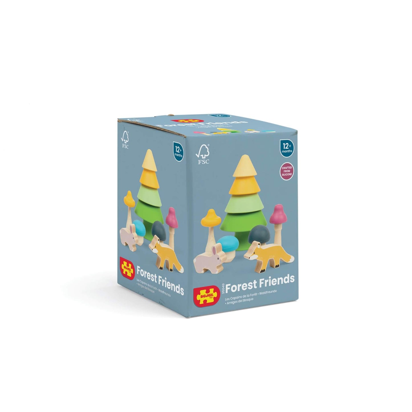Product packaging for the Bigjigs Toys Forest Friends Playset, featuring a colourful illustration of the woodland set and the Bigjigs logo.