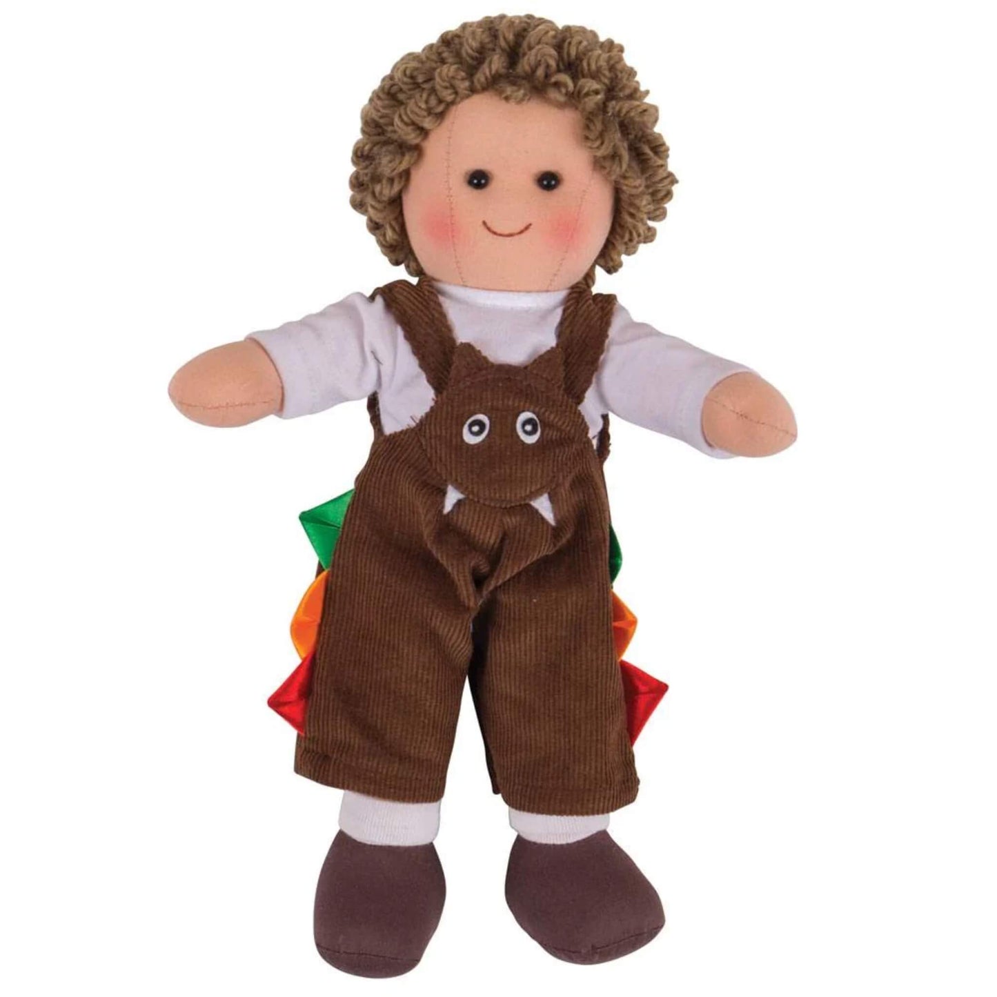 Front view of plush ragdoll in brown cord dungarees, featuring white felt teeth, bright spikes down the side, and a soft white top.