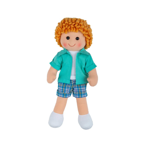 Back-up view of Jacob Doll showing his full outfit with pink cheeks and soft white shoes.