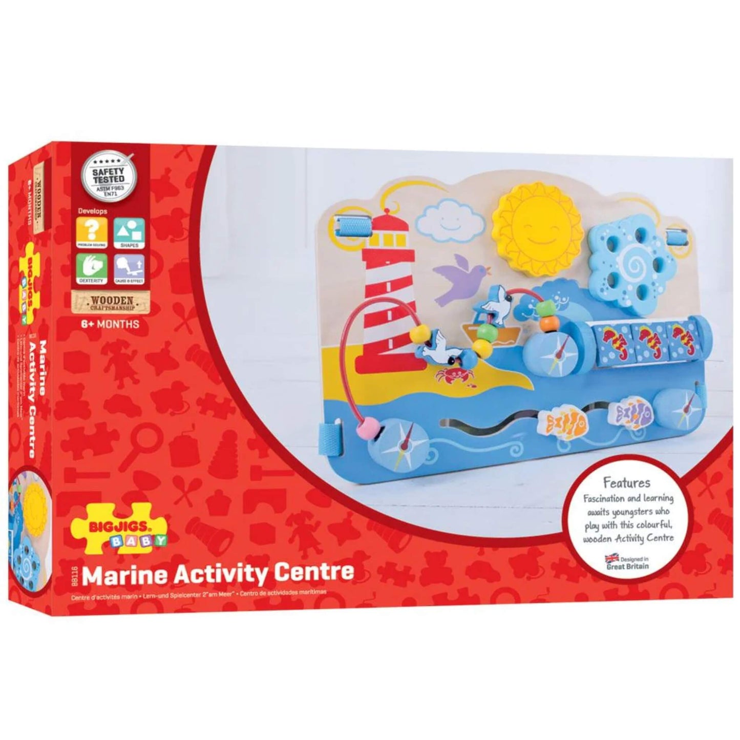Packaging for the Bigjigs Toys Marine Activity Centre – bright, interactive wooden play board for sensory play and early learning.