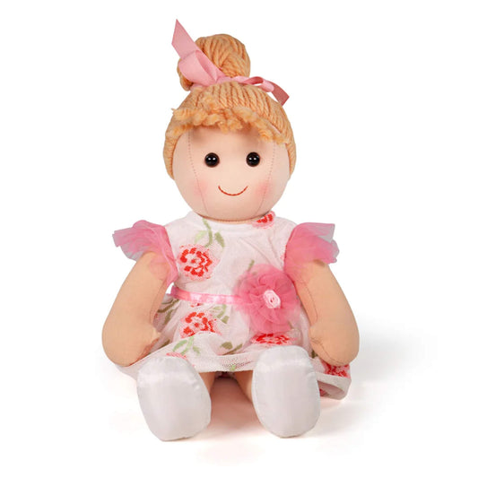 Seated soft doll with pink tulle sleeves, embroidered floral dress and satin shoes.