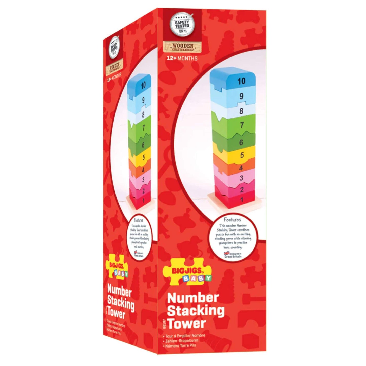 Retail packaging for the Bigjigs Toys Number Tower, featuring product imagery and features like safety testing, age guidance, and colourful branding.