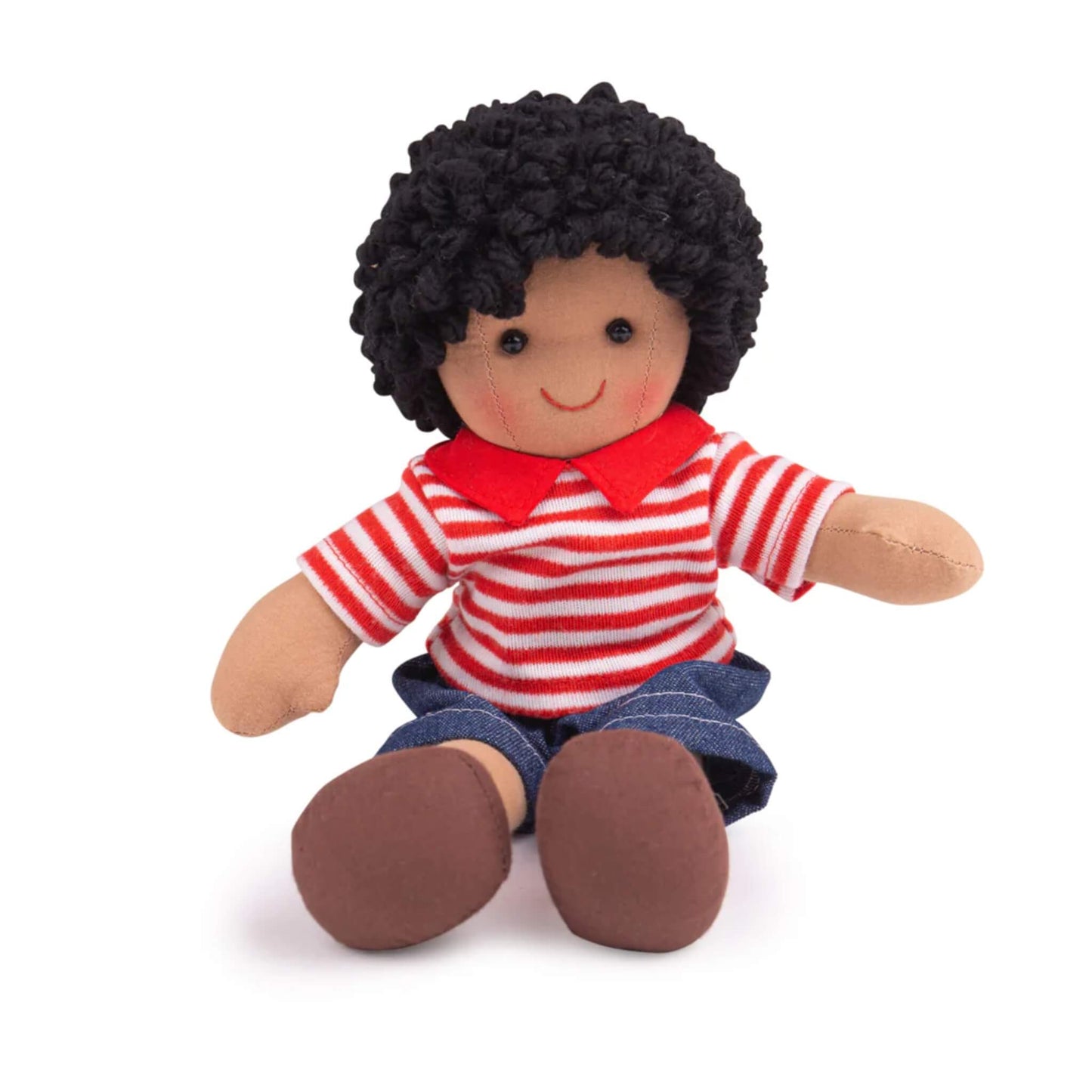 Seated view of Otis Doll showing red and white striped top, soft denim-style shorts, and curly black yarn hair.